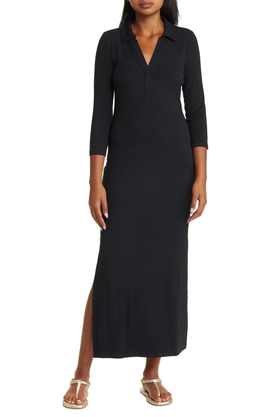 Lilly Pulitzer Ollie Maxi Polo Dress Women's Medium Black 3/4 Sleeve Side Slits